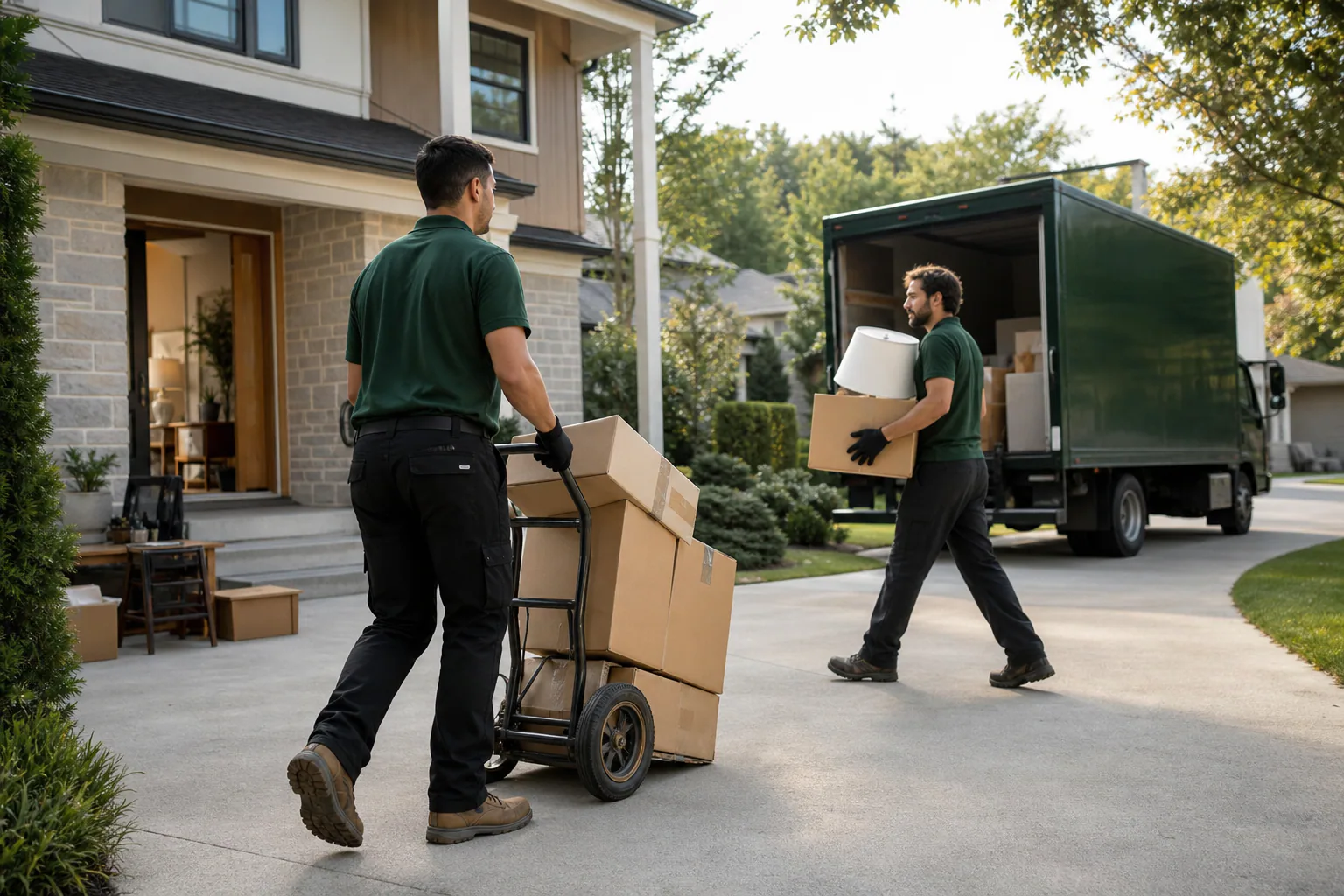ClearOut Hauling crew carrying boxed household items toward the removal truck